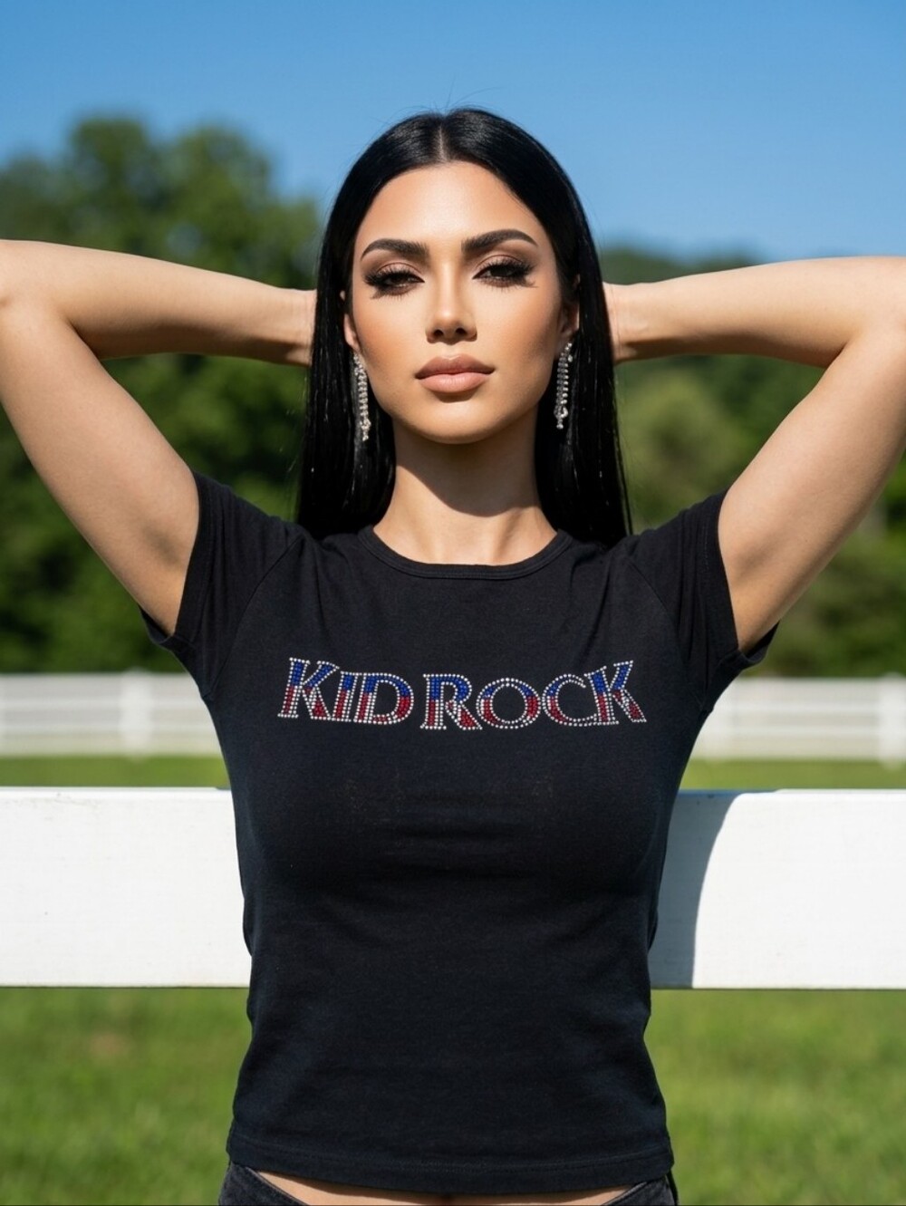 📣Y2K Vintage Kid Rock 🇺🇸 Jeweled Black 🖤 Baby Doll Gaziani Concert Tshirt🤘✨ - Picture 7 of 7